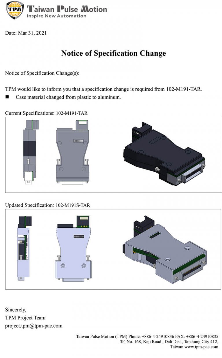 Notice of Specification Change - EtherCAT I/O Solutions-Taiwan Pulse Motion